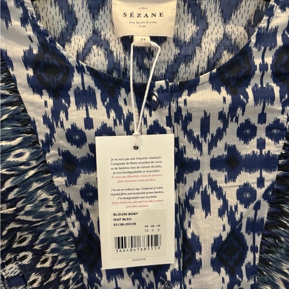 Sezane Blue Ikat Boby Blouse Size 2 $125 - Picture 5 of 5